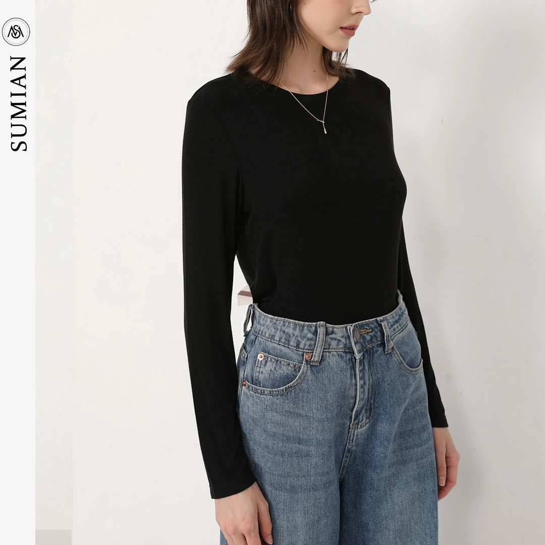 宿眠春秋新款爆款醋酸绵羊毛圆领长袖纯色百搭修身打底衫洋气小衫