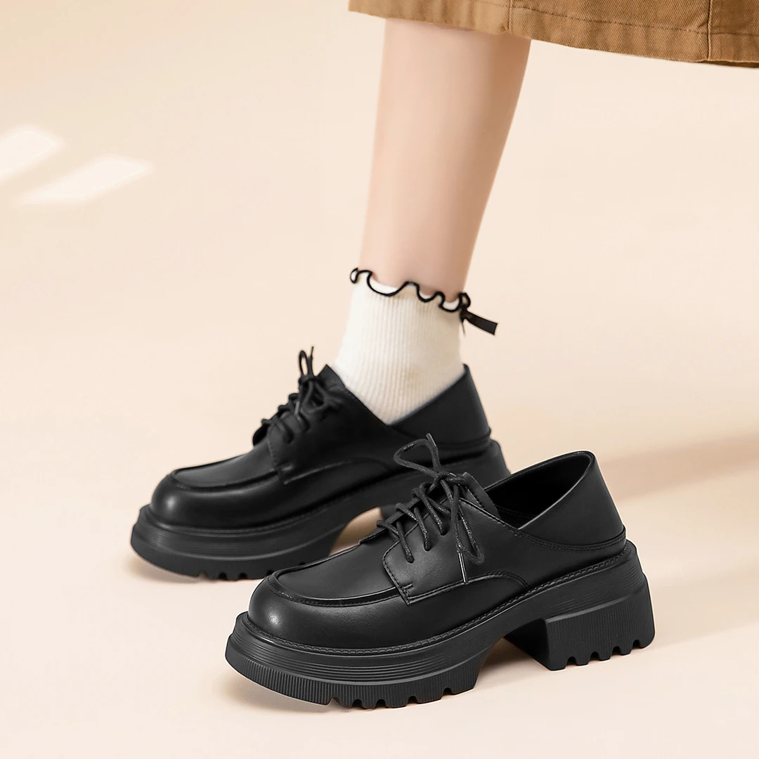 ZHR厚底小皮鞋女2023新款鞋子女百搭学生高颜值校园黑色鞋子单鞋