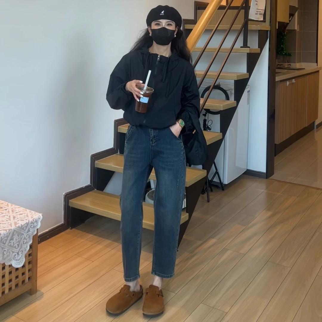 小个子定制秋季百搭简约高腰直通显瘦老爹哈伦八分牛仔女裤