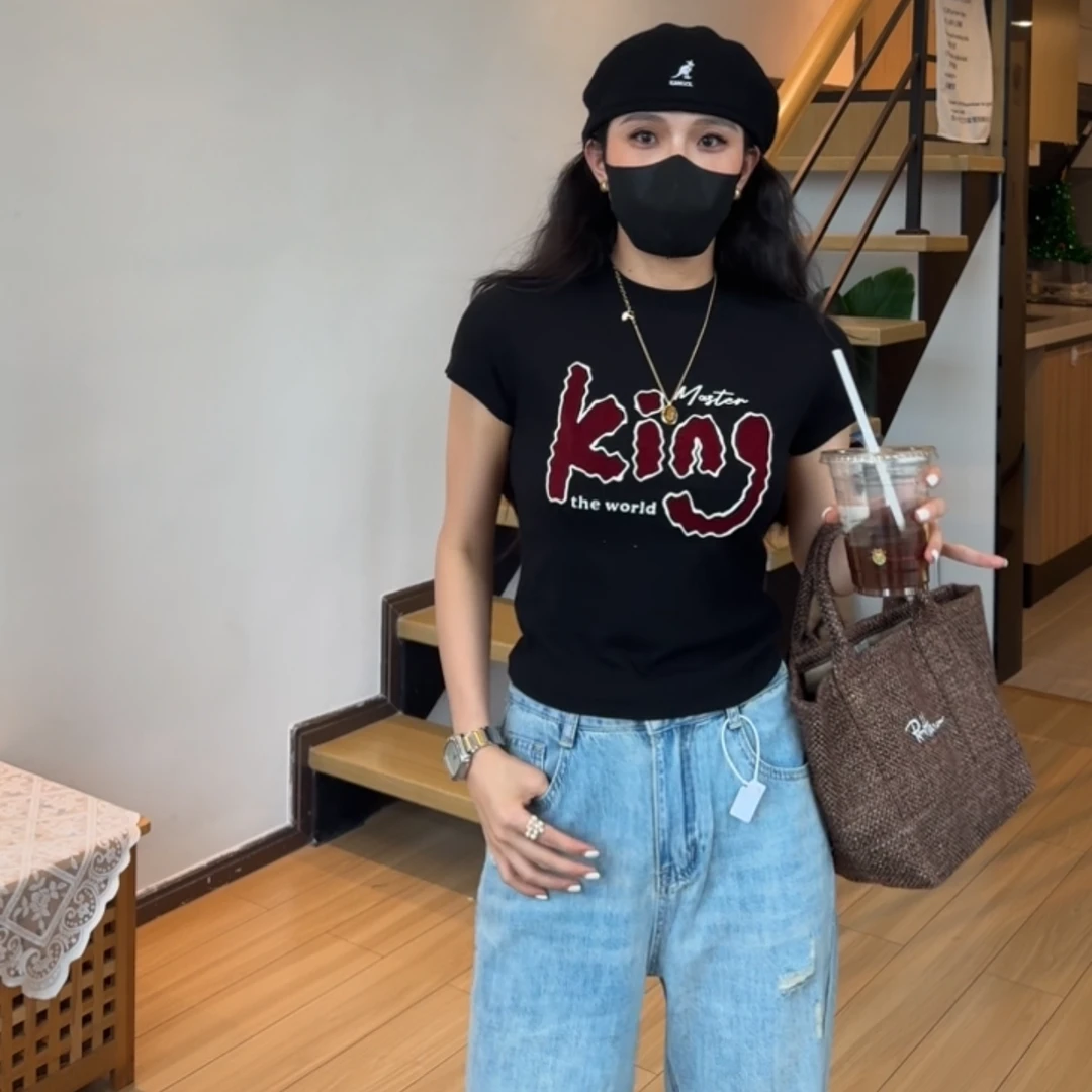 小个子正肩t恤女立领修身短款植绒字母美式复古纯欲短袖新款打底