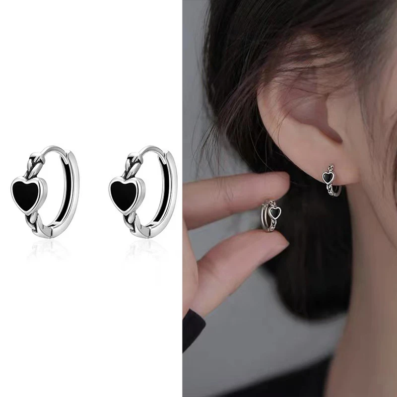 925银珐琅耳饰 纯银耳环女黑色爱心银耳扣商场正品气质冷淡风简约