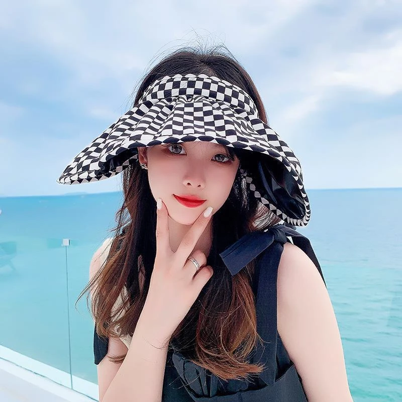 发箍春夏太阳帽黑白千鸟格帽子黑胶防晒棋盘格空顶贝壳沙滩遮阳帽
