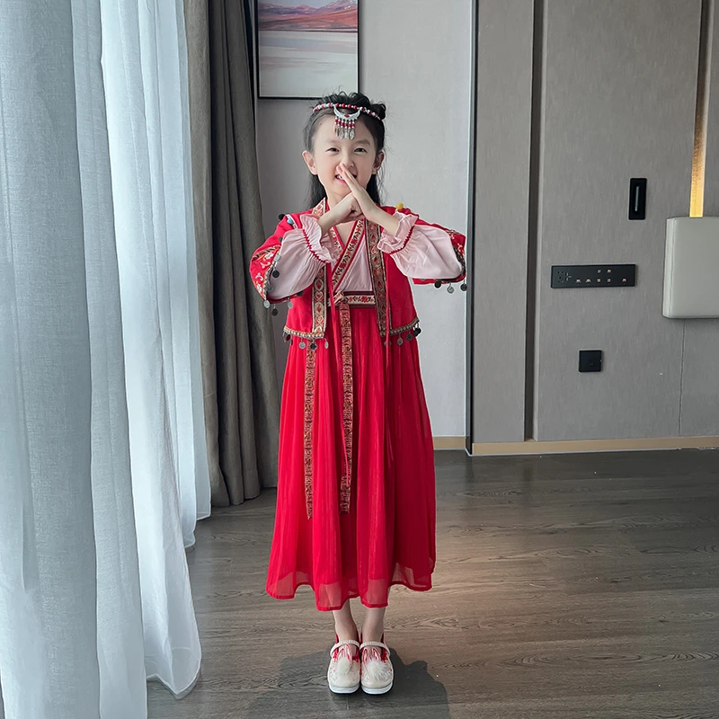 西西家女童汉服春秋新款女童中秋节古装裙子中国风超仙古风连衣裙
