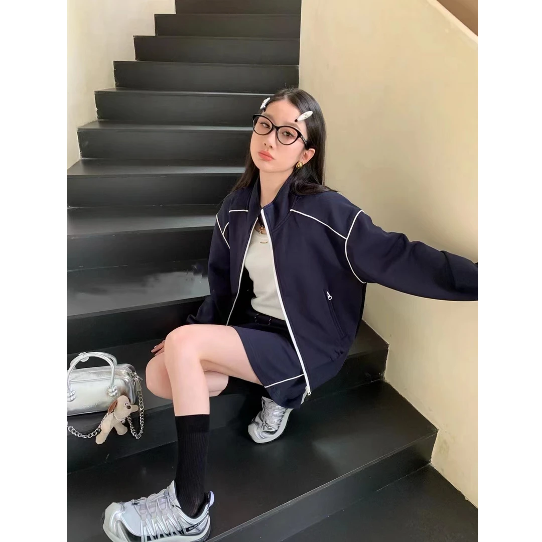 早秋韩版轮廓拼条显瘦半身裙两件套立领拉链减龄时尚套装女