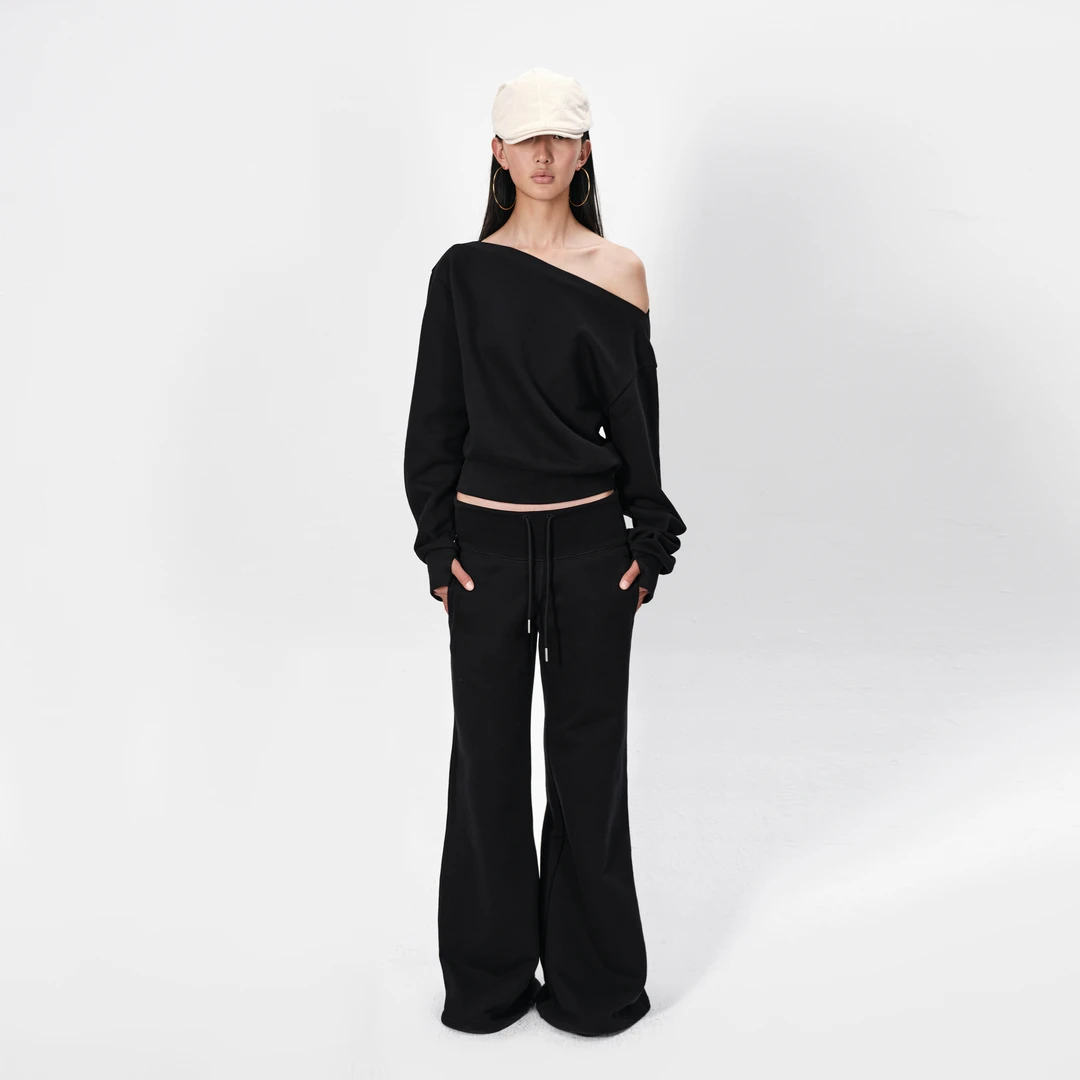 rarely alike散步系列宽松两穿露肩卫衣 黑色/花灰