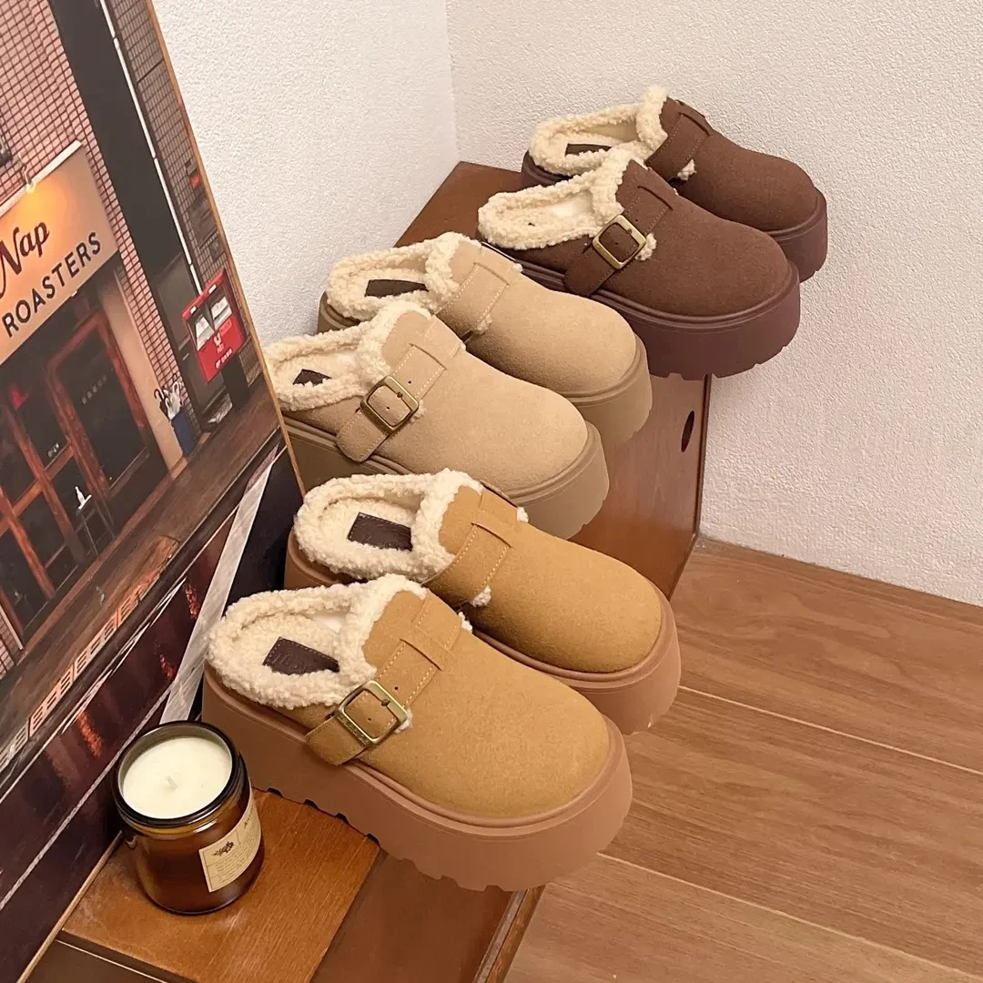 厚底增高一脚蹬包头勃肯毛毛半拖鞋女秋冬外穿加绒2024新款棉拖鞋