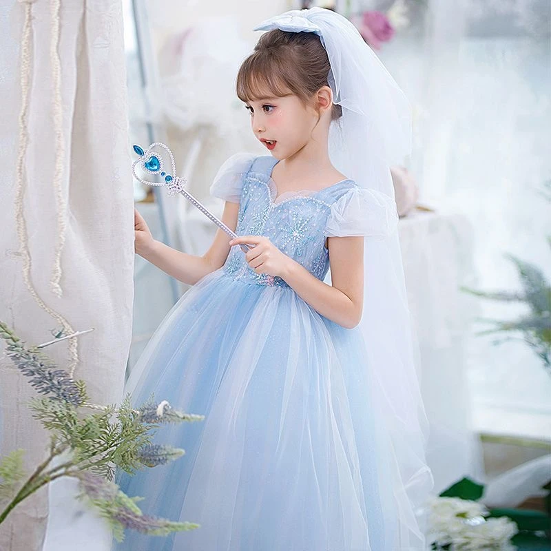 2023新款女童艾莎公主雪花刺绣亮片连衣裙冰雪奇缘爱莎长裙礼服
