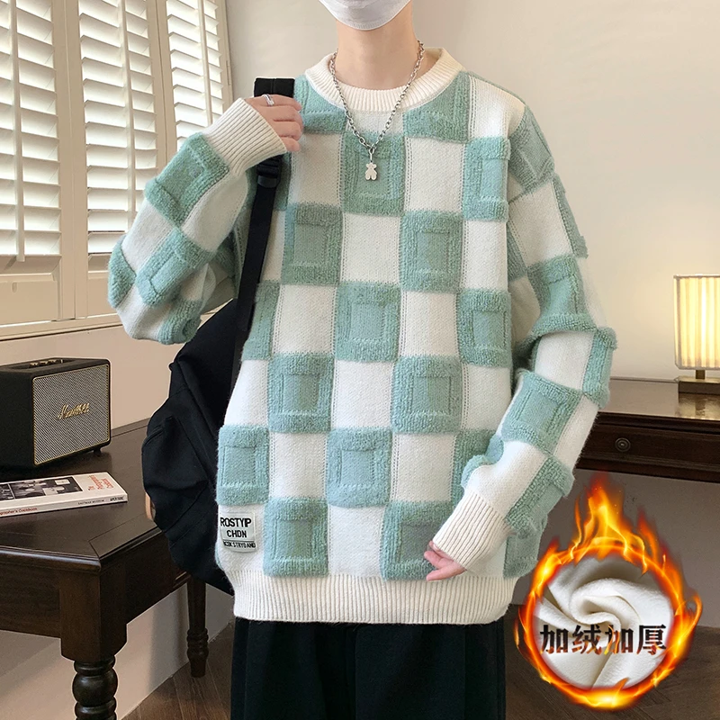 冬季加绒加厚毛衣男帅气青少年初中高中学生圆领内搭打底针织衫帅