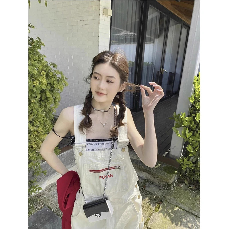 芙沿复古白色牛仔背带裤女2024新款夏季薄减龄小个子小众直筒长裤