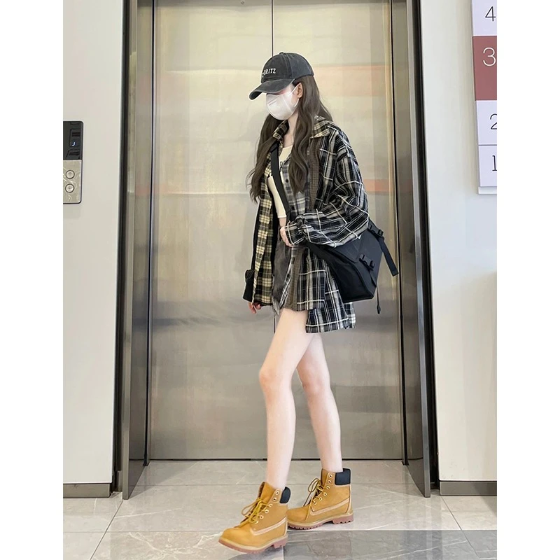 芙沿美式拼接格子衬衫外套女春新款ins潮复古辣妹设计感小众衬衣