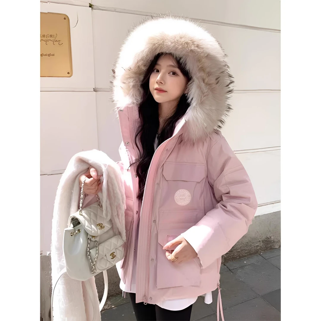 芙沿藕粉色工装派克服女2025冬季新款法式小众高级感情侣棉服