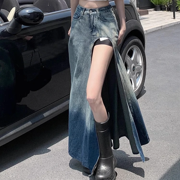 芙沿蓝色大开叉不规则牛仔伞裙女夏季新款潮美式复古辣妹半身裙子