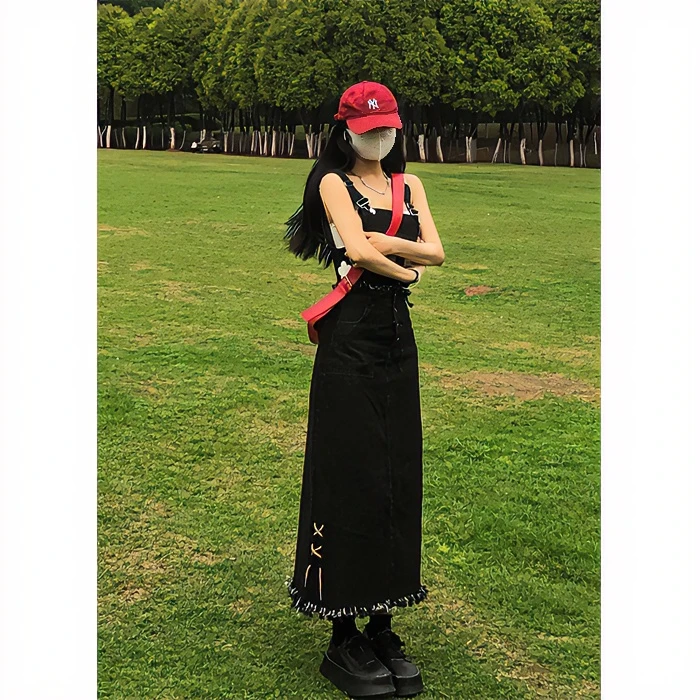 芙沿黑色分体牛仔背带裙女夏季薄款美式复古辣妹吊带半身裙两件套
