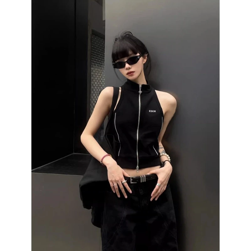 芙沿黑色双开拉链无袖上衣女夏季新款美式小众别致辣妹外穿短背心