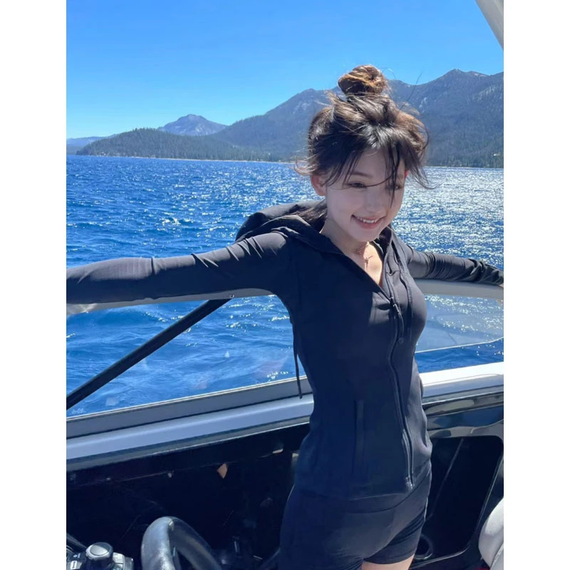 芙沿黑色显瘦防晒开衫外套女夏季美式潮设计感透气短款瑜伽运动服