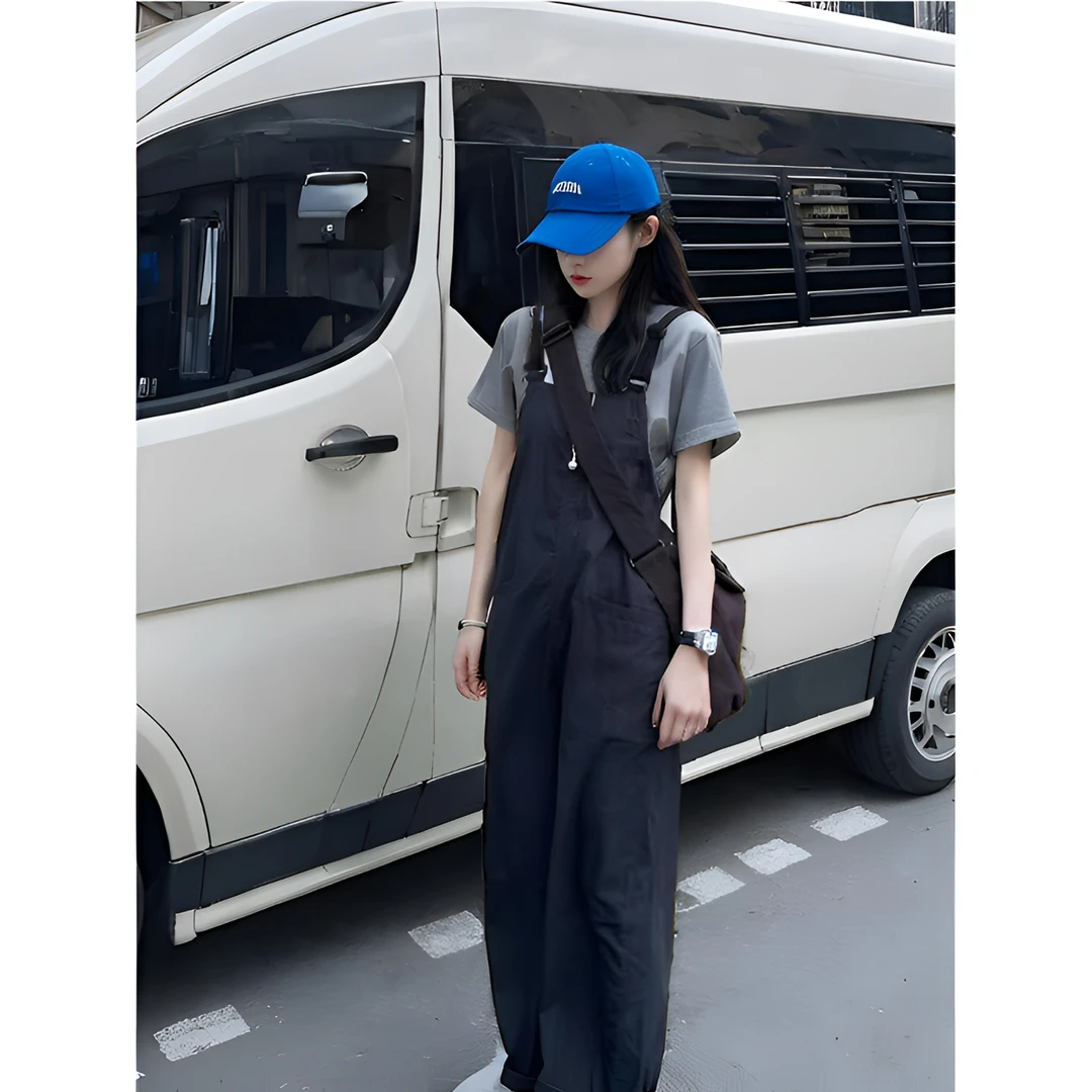 芙沿藏青色工装背带裤女2025夏爆款复古显瘦休闲小个子直筒连体裤