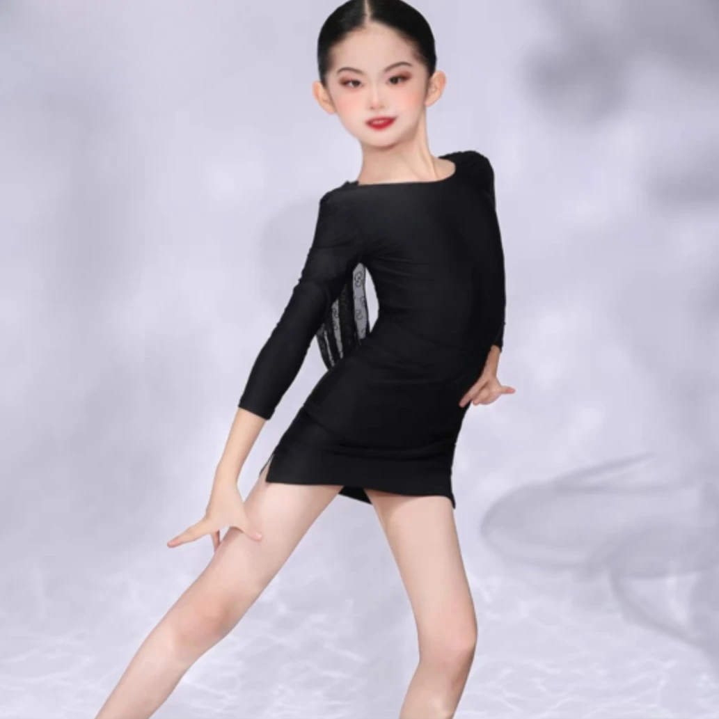 网红儿童女孩秋冬季新款拉丁舞蹈练功服黑色长袖连体高腰分体套装