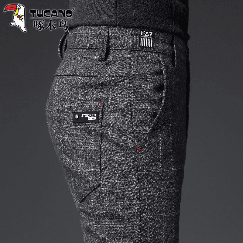 啄木鸟男士休闲裤春秋款商务直筒修身小脚长裤子百搭格子韩版西裤