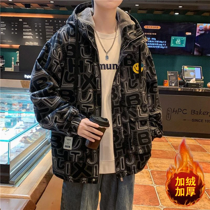秋冬季连帽夹克男士港风潮牌加绒加厚外套宽松阔版保暖男装上衣服