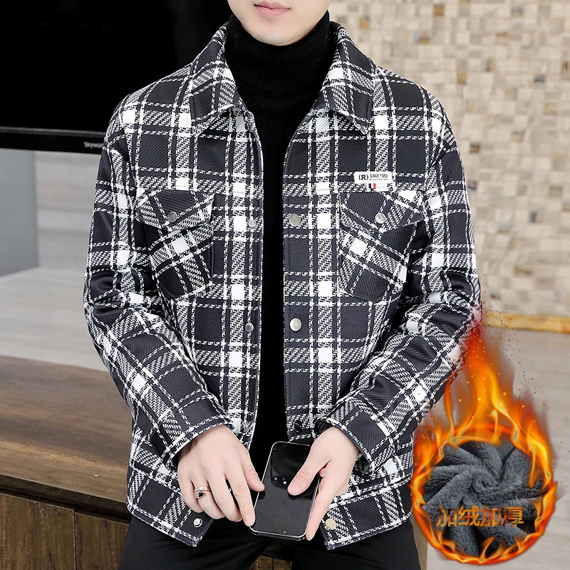 小香风格子外套男潮加厚冬款翻领潮流百搭夹克韩版男士秋冬季加绒