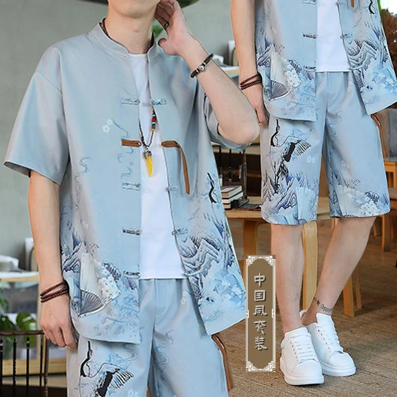 夏季新中式唐装男士冰丝套装中国风开衫短袖短裤两件套复古汉服男