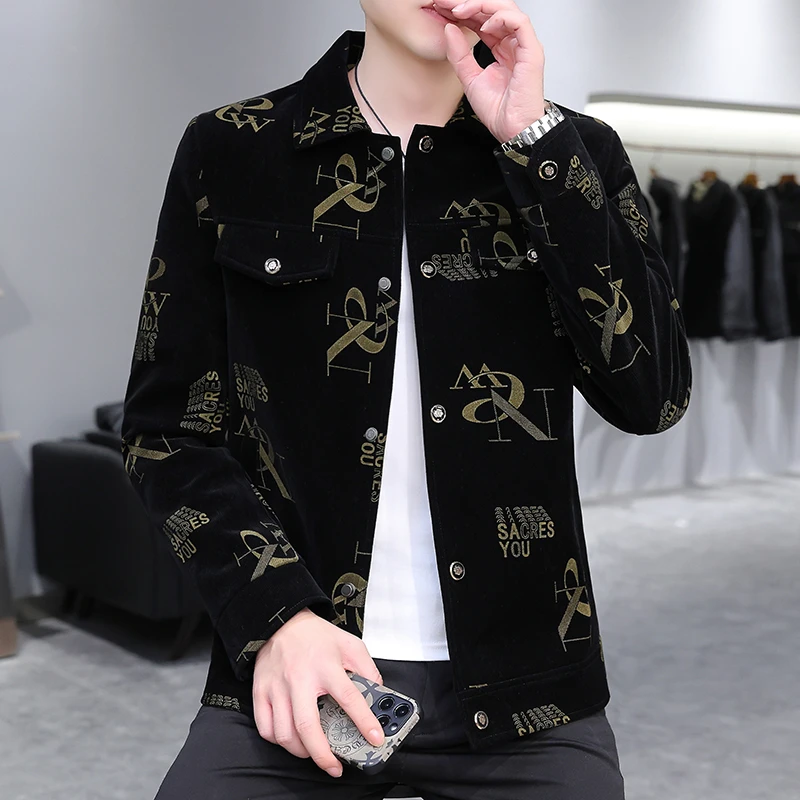 2024新款提花春秋新款夹克男士外套休闲灯芯绒外套上衣高档男装潮