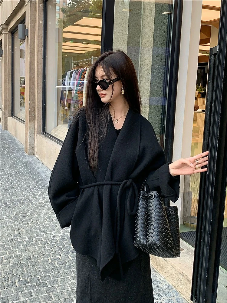 洛神赋图 86018 优雅气质浴袍式双面呢大衣女秋冬短款系腰带羊毛