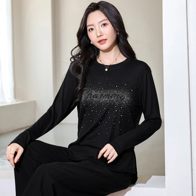 星梦情缘2024秋季新款黑色烫钻长袖大码女装洋气休闲百搭显瘦T恤