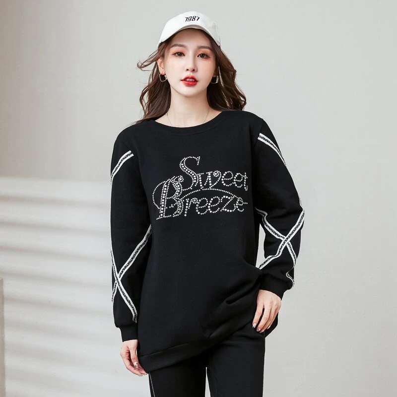 星梦情缘2024大码秋冬显瘦时尚秋冬拼接休闲圆领加厚加绒卫衣