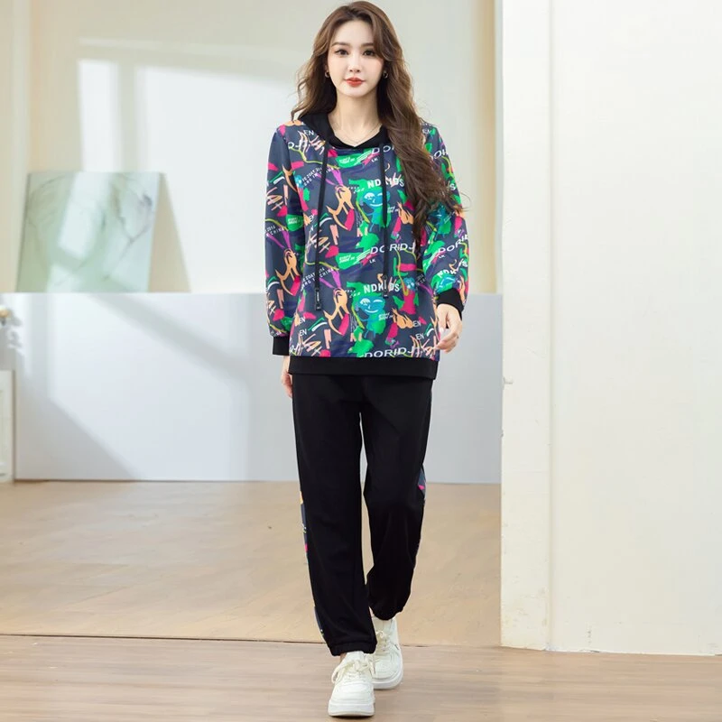 星梦情缘2024大码女装显瘦宽松运动休闲印花连帽套头秋冬时尚套装
