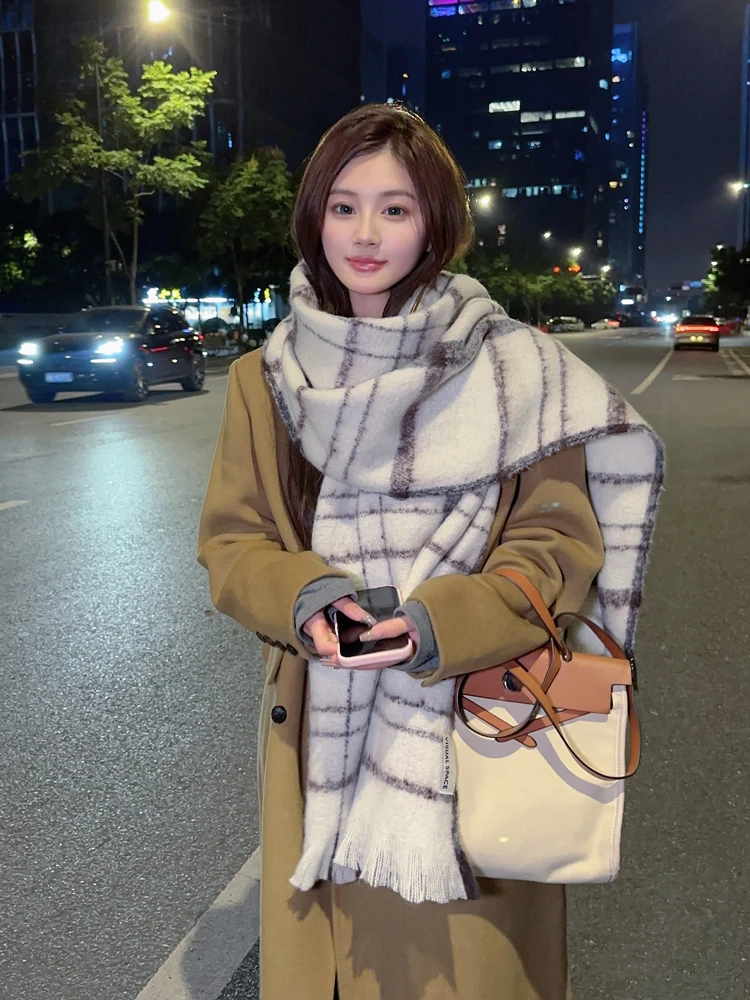 女生冬季2023新款高级感百搭韩版流苏围巾围脖保暖加厚围巾米色潮