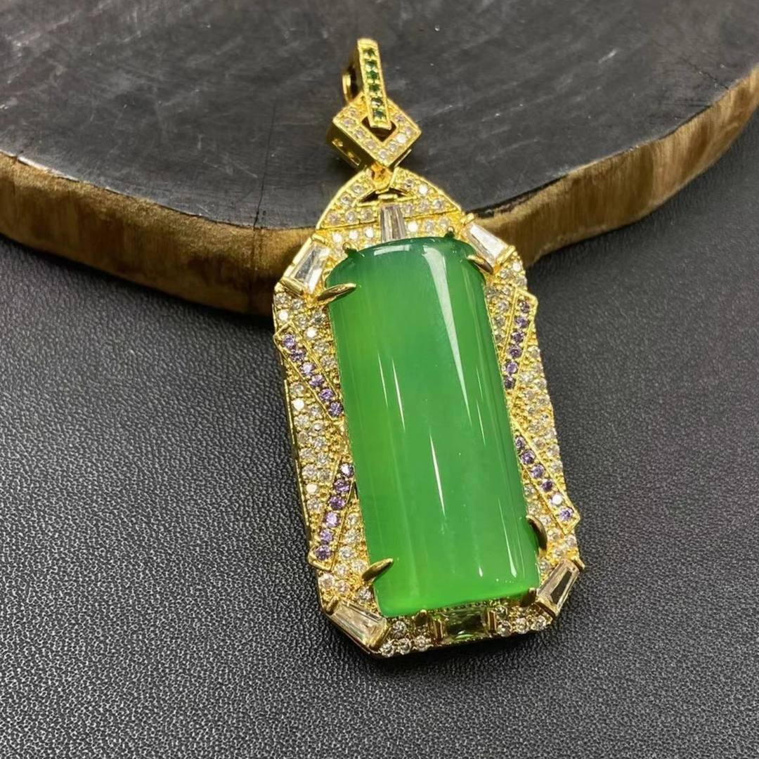 ST1775-天然珠宝-高古青玉玛瑙绿长形竹节吊坠-送礼佳品-