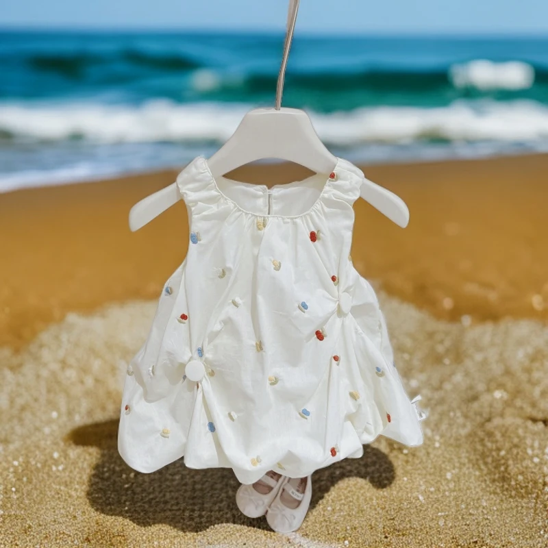 2024女童夏季刺绣花朵花苞裙女宝宝无袖背心裙洋气卡通可爱连衣裙