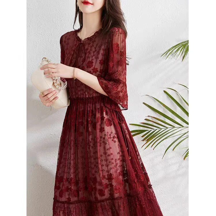 现货【田舍探花】时尚重工刺绣-100%桑蚕丝真丝连衣裙