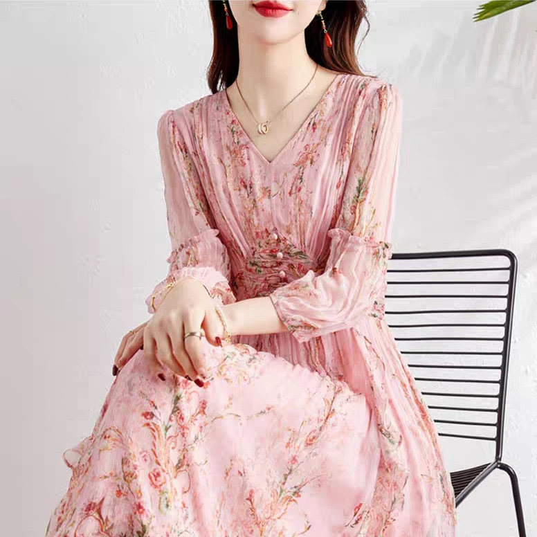 现货【涟漪】00新款100桑蚕丝气质印花显瘦真丝连衣裙