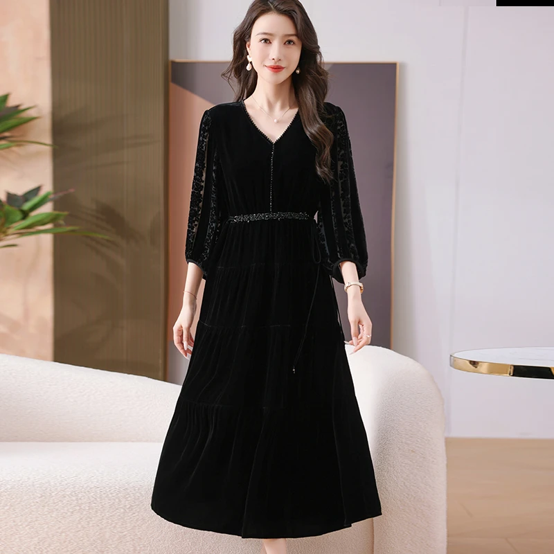 【青山时】1oo%桑蚕丝丝绒女连衣裙秋冬真丝