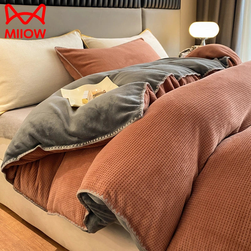 加厚华夫格牛奶绒床上四件套冬季珊瑚绒双面加绒加厚床单被套被罩