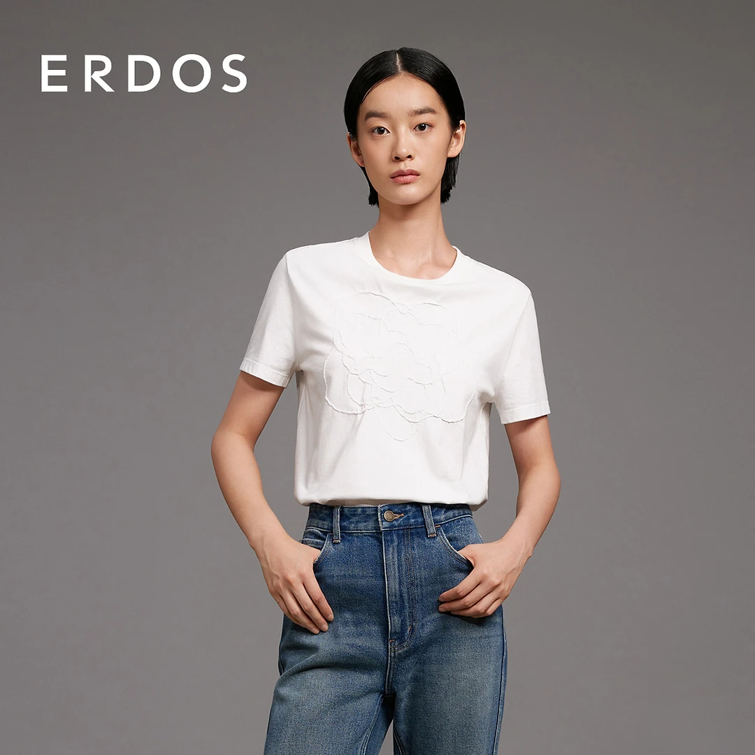 ERDOS 经典白T丝棉莫代尔浮雕花朵休闲夏季T恤【艺术的启发】