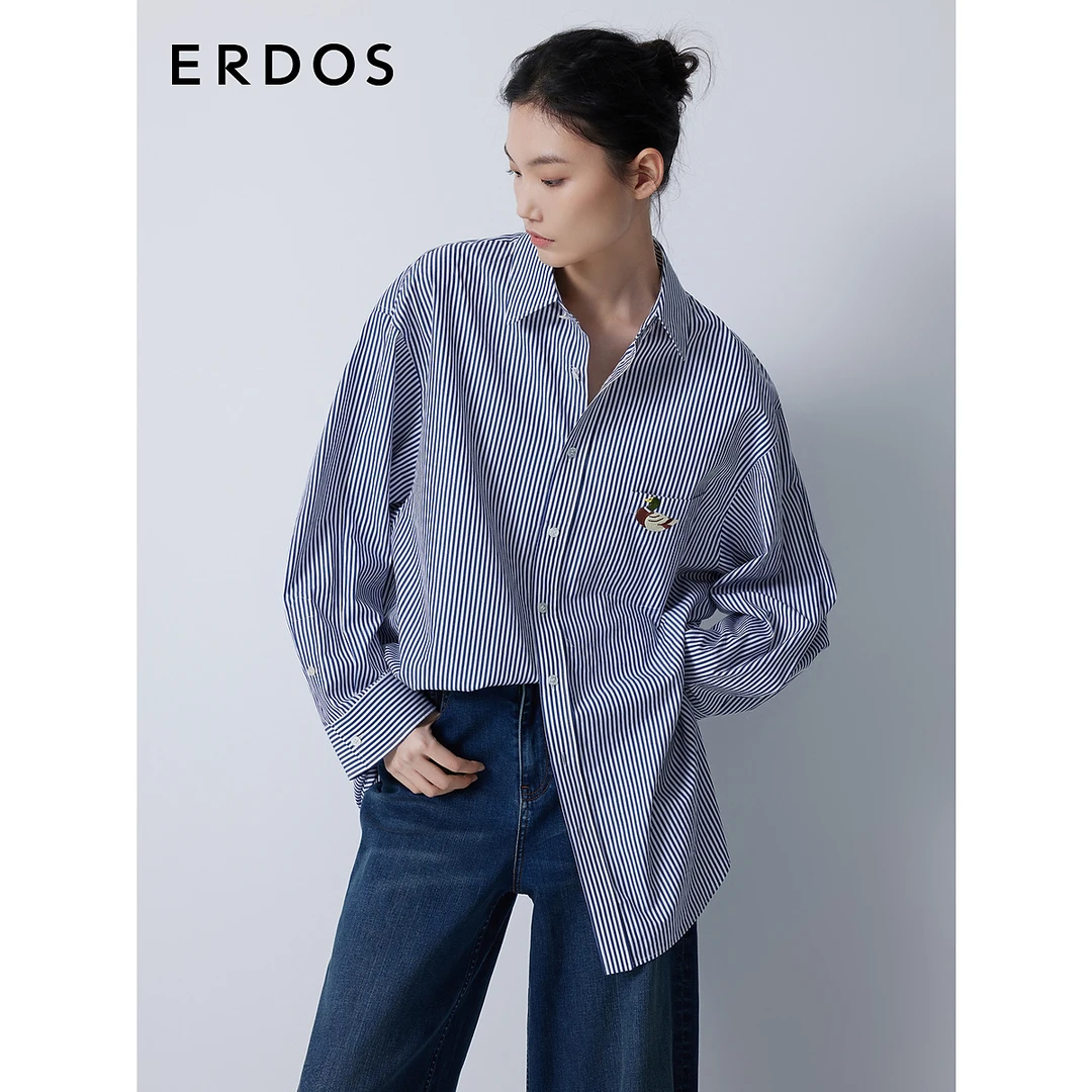ERDOS 男友风廓形蓝白条纹衬衫女秋冬小鸭子刺绣休闲衬衣