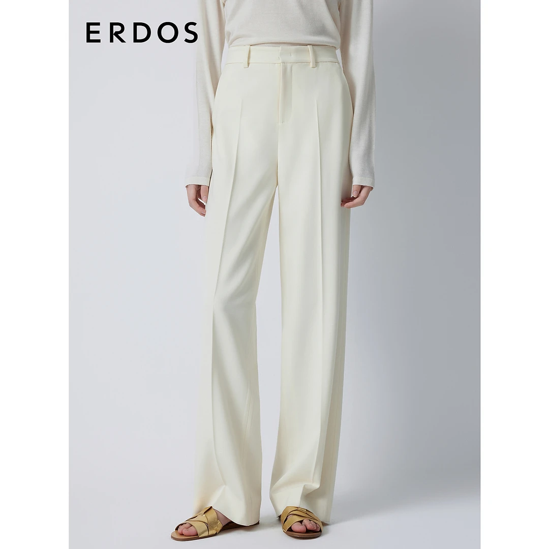 ERDOS 绵羊毛华达呢直筒裤女秋冬白色通勤百搭休闲阔腿长裤