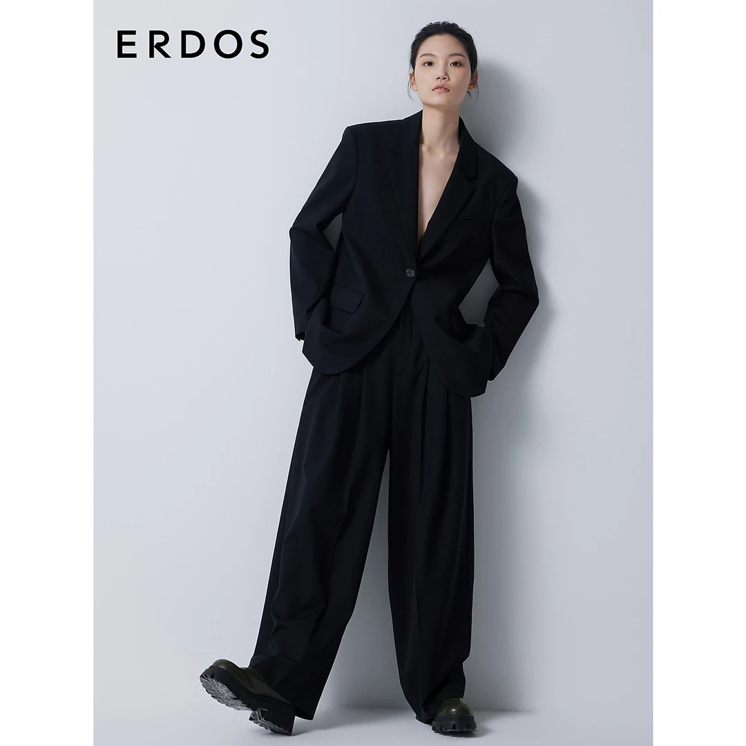 ERDOS 黑色西装阔腿裤女秋冬精纺美丽诺绵羊毛休闲宽松长裤