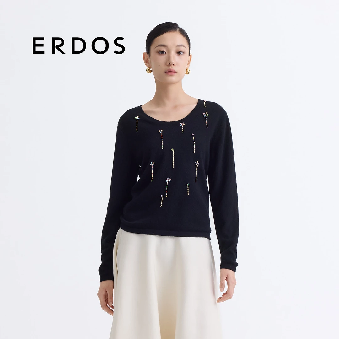 ERDOS 山羊绒水晶流苏吊坠装饰女圆领套衫【蝶舞花飞】25年春新品