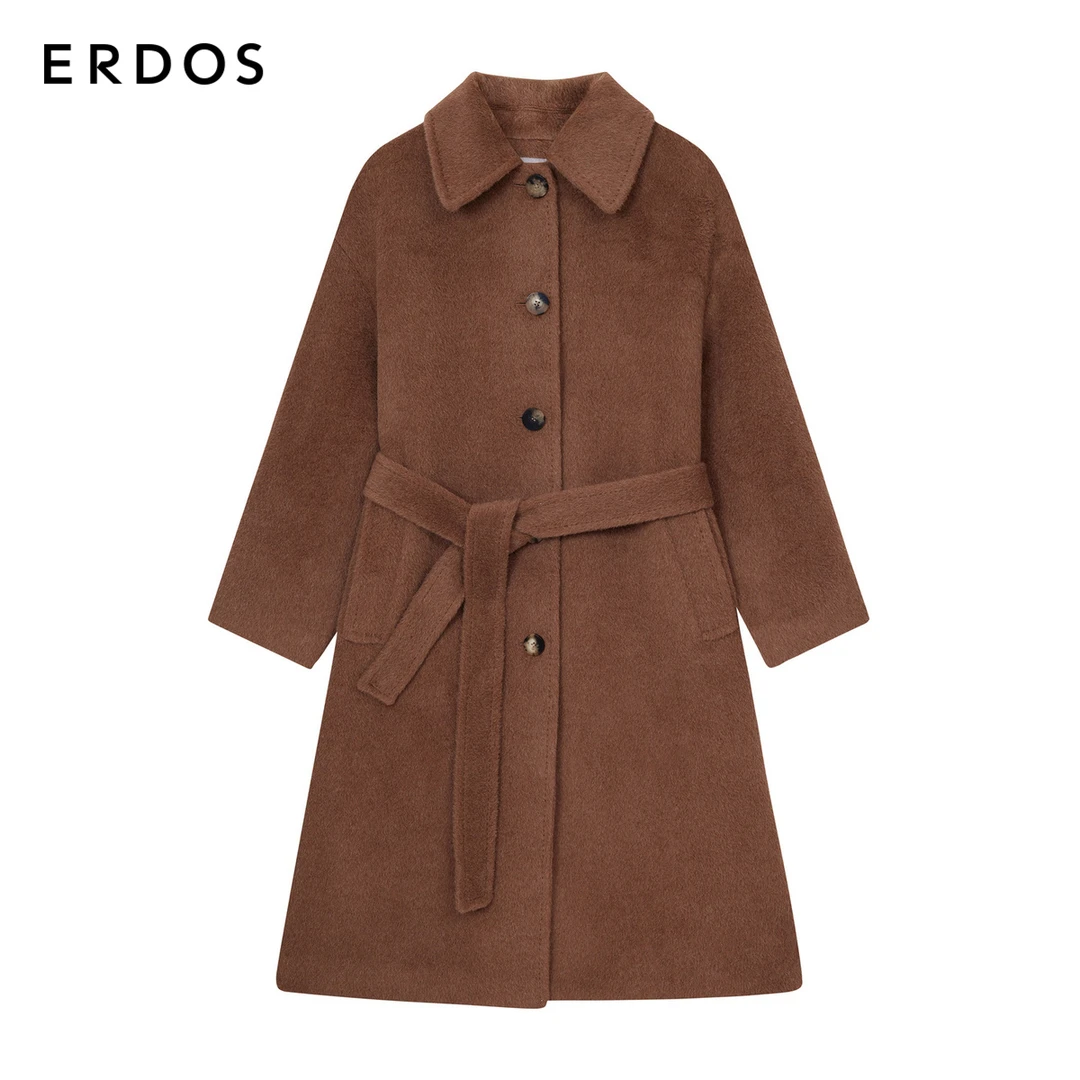 ERDOS 羊驼毛绵羊毛复古系带单排扣长款厚毛呢外套