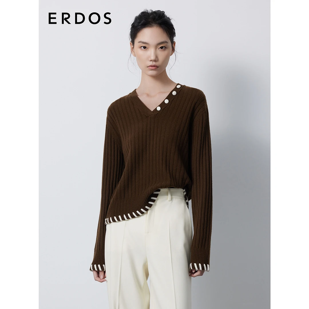 ERDOS 秋冬初绒V领抽条羊绒衫女咖色撞色宽松针织毛衣