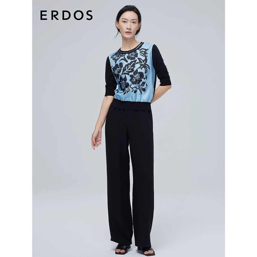 ERDOS桑蚕丝撞色印花拼接时尚圆领通勤设计感女针织衫23春夏新款