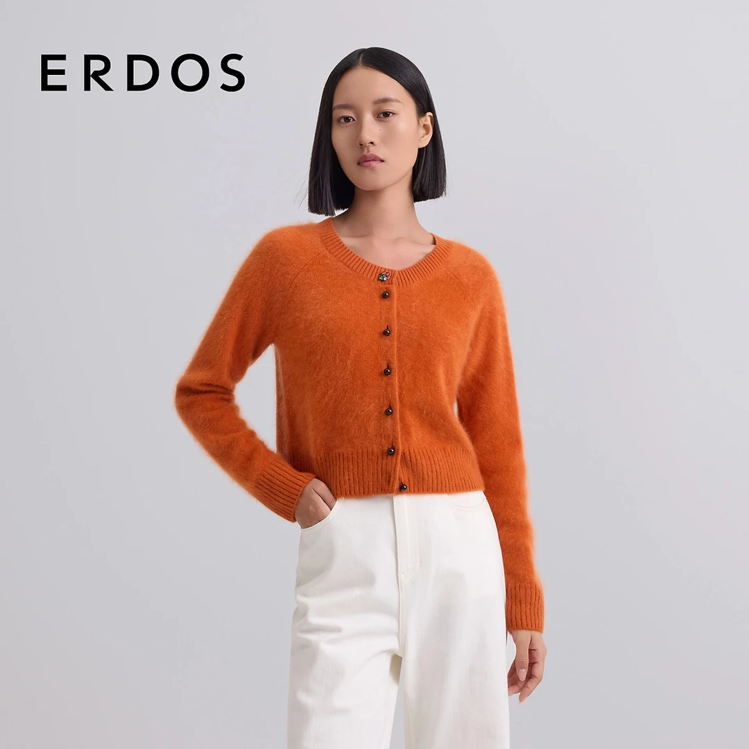 ERDOS 落日橙山羊绒拉绒女开衫彩色水晶扣复古【繁花】秋冬新品