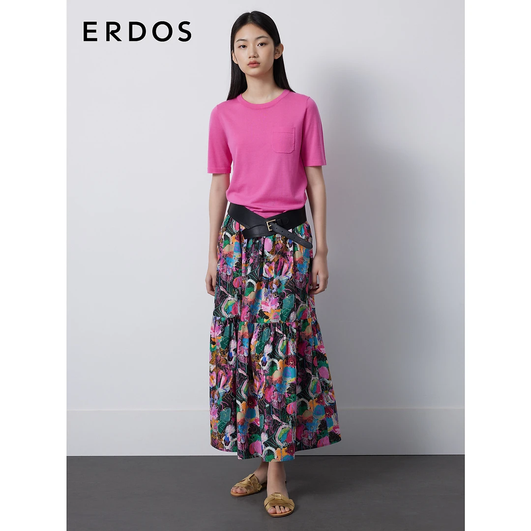 ERDOS 多巴胺玉兰粉摩登时尚精纺美丽诺羊毛圆领半袖女套衫23新品