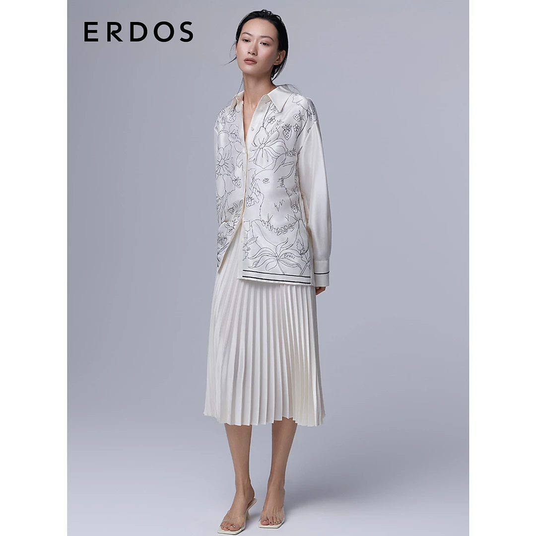 ERDOS百褶气质优雅提花白色秋季中长裙女半裙23春夏新款