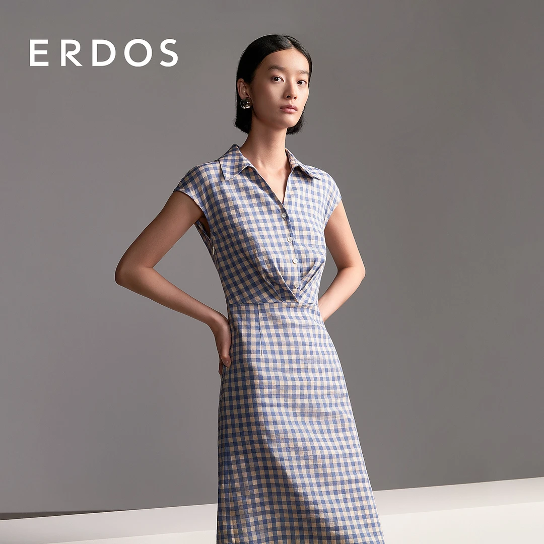ERDOS 牛仔蓝法式文艺复古维希格纹法式复古连衣裙【艺术的启发】