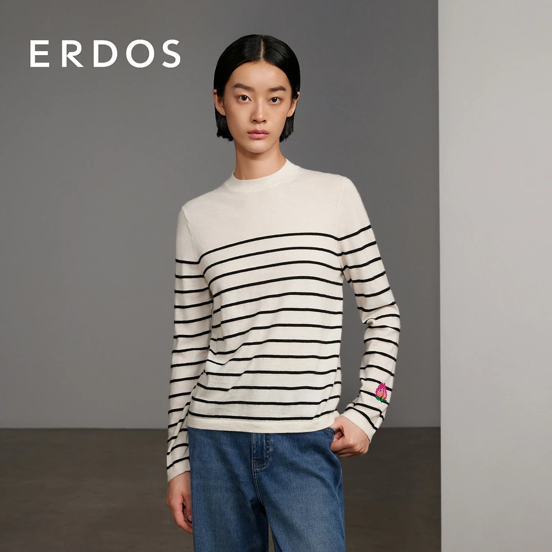 ERDOS 精纺圆领刺绣夹条女套衫百搭长袖修身 20年春季新品